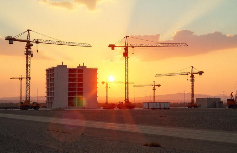South Asian construction workers on-site in the Middle East contributing to infrastructure projects.